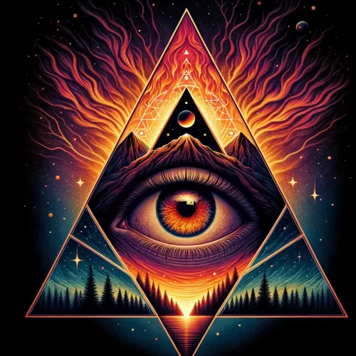 DALL·E 2024-02-22 17.46.11 - Generate an image of an all-seeing eye encapsulated within a layered triangle frame. The top layer of the triangle should be adorned with a fiery moti